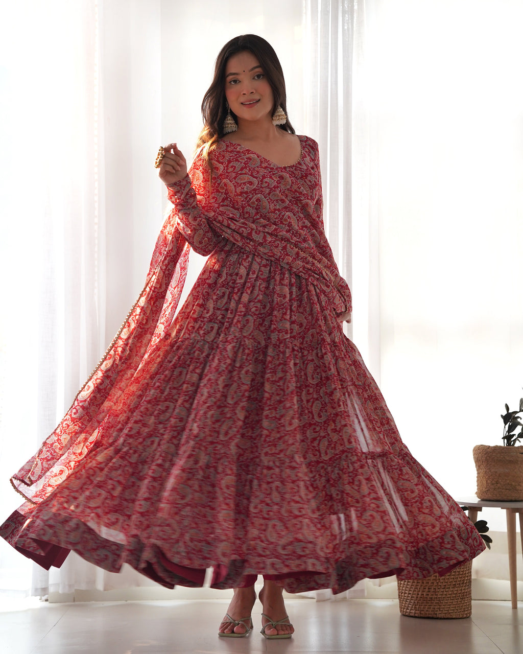 Layered Maroon Printed Anarkali Gown With Pant & Dupatta Set