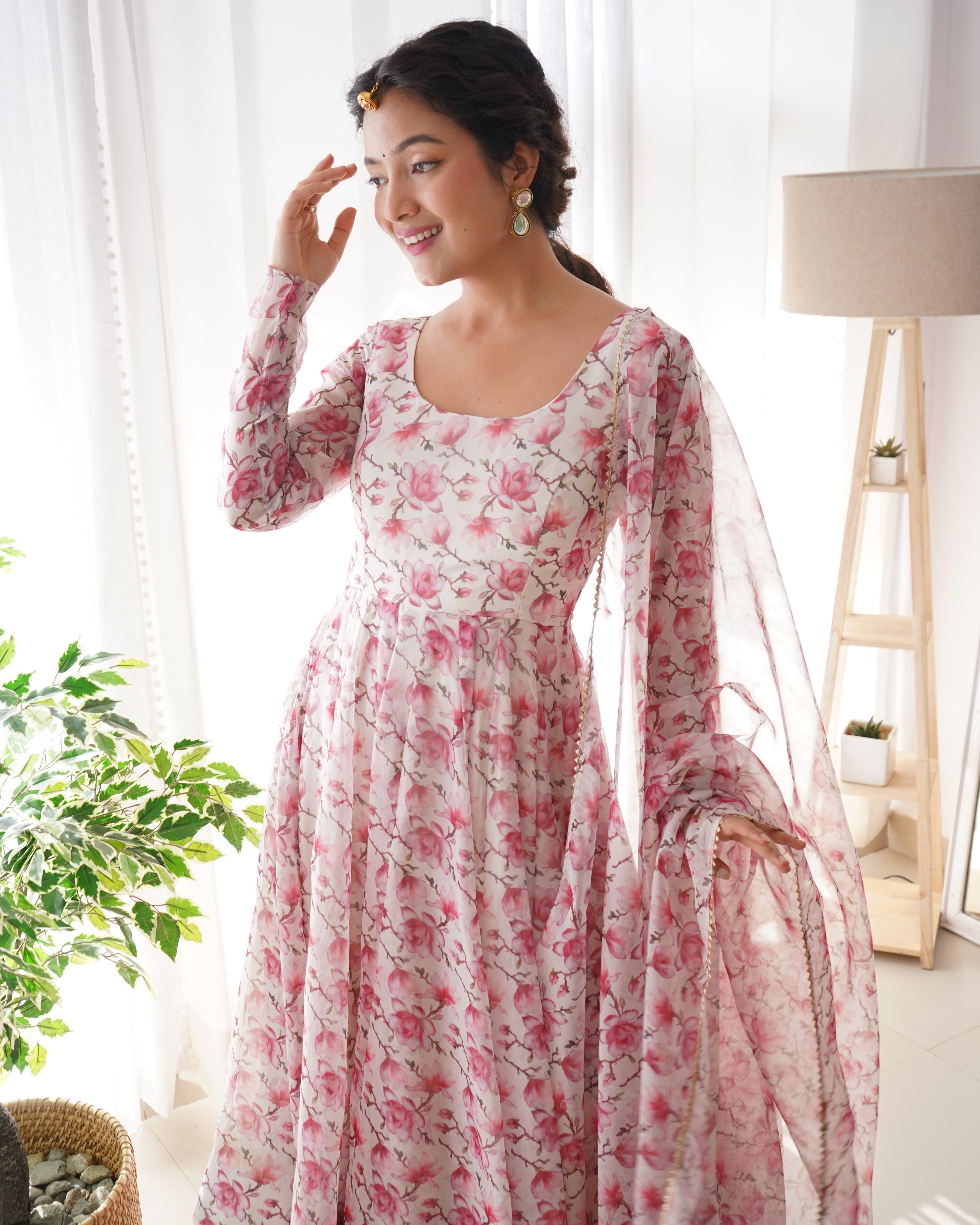 Pink Fulwari Organza Printed Anarkali Kurti With Pant & Dupatta Set