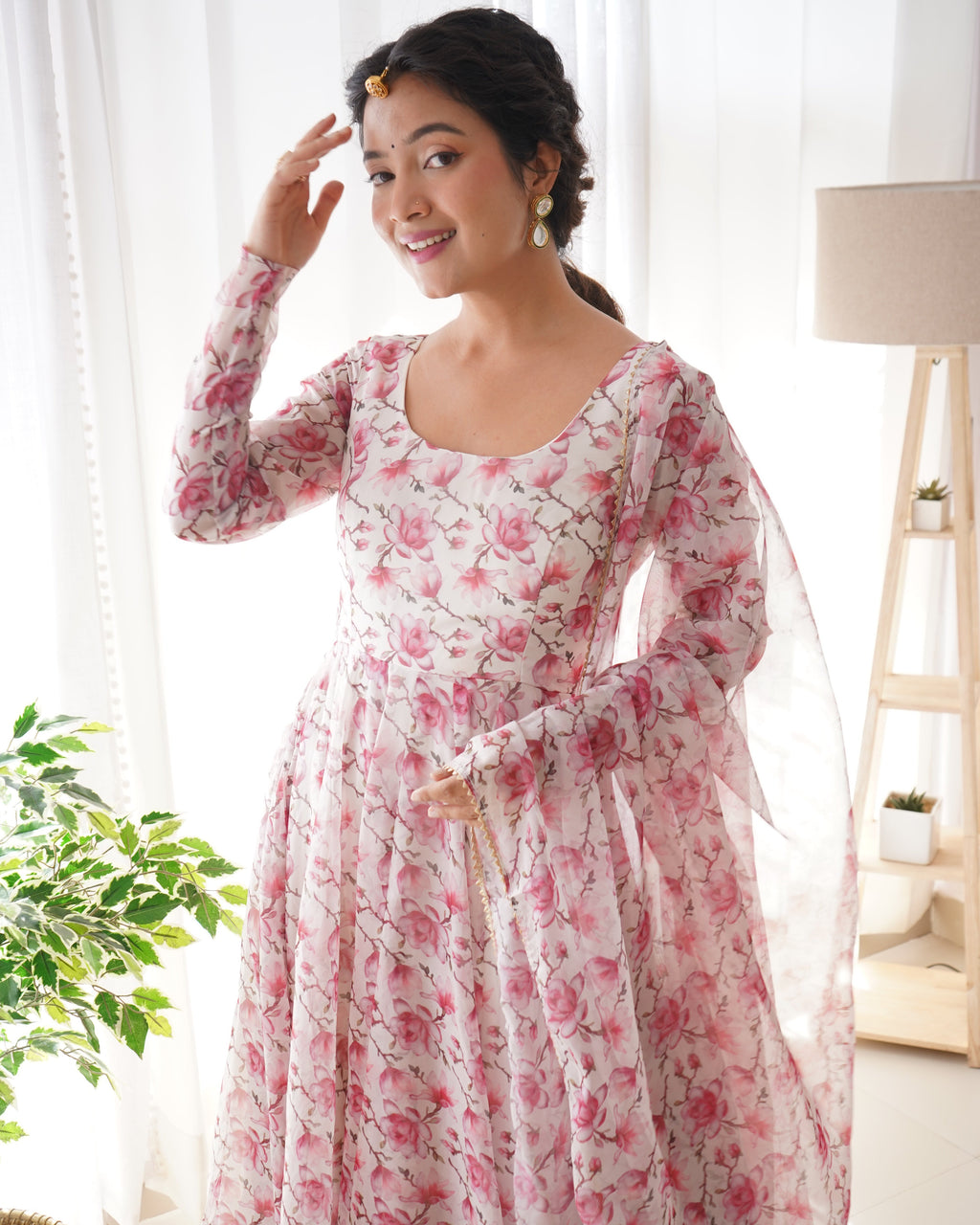 Pink Fulwari Organza Printed Anarkali Kurti With Pant & Dupatta Set