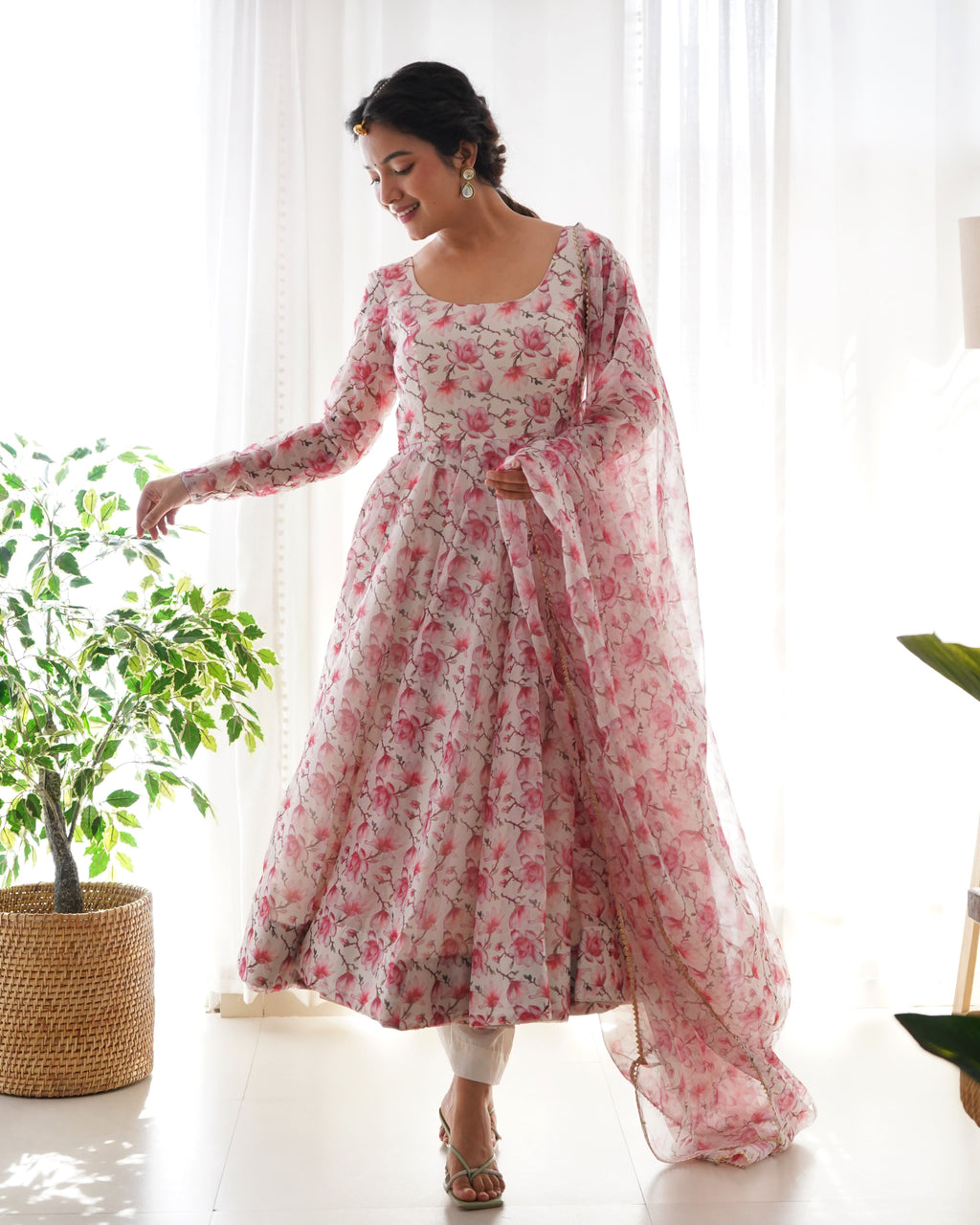 Pink Fulwari Organza Printed Anarkali Kurti With Pant & Dupatta Set