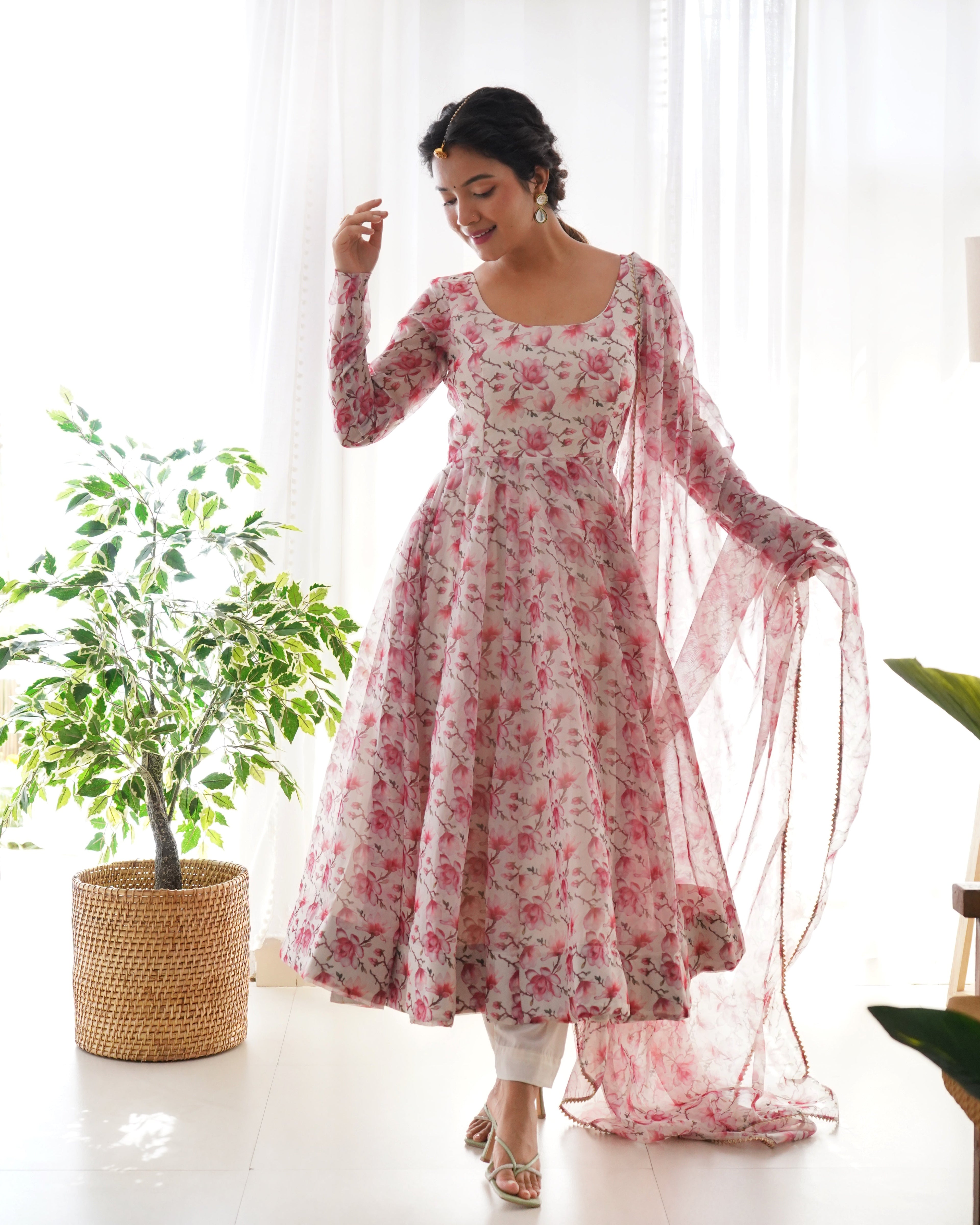 Pink Fulwari Organza Printed Anarkali Kurti With Pant & Dupatta Set