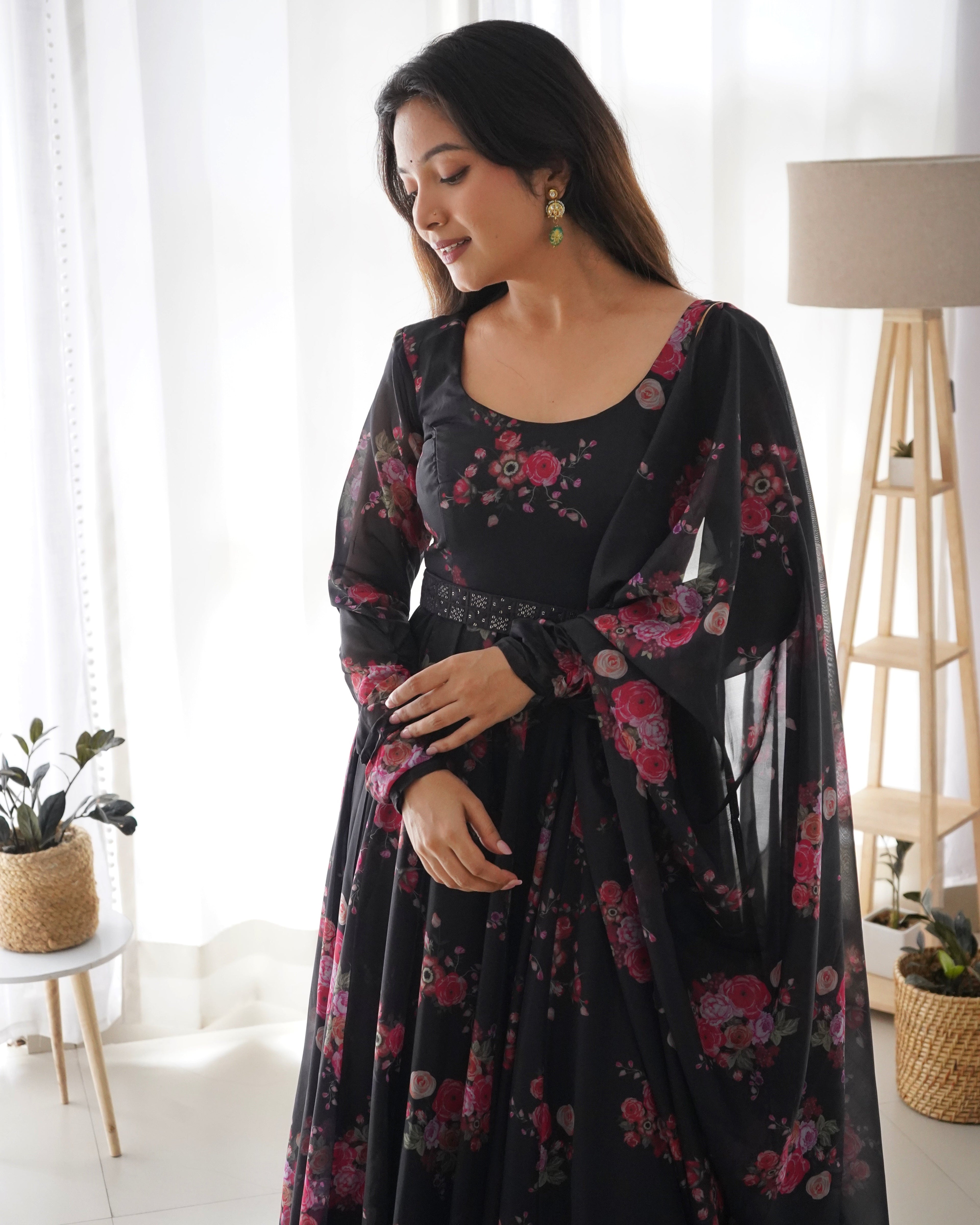 Black Organza Printed Anarkali Kurti With Pant & Dupatta Set