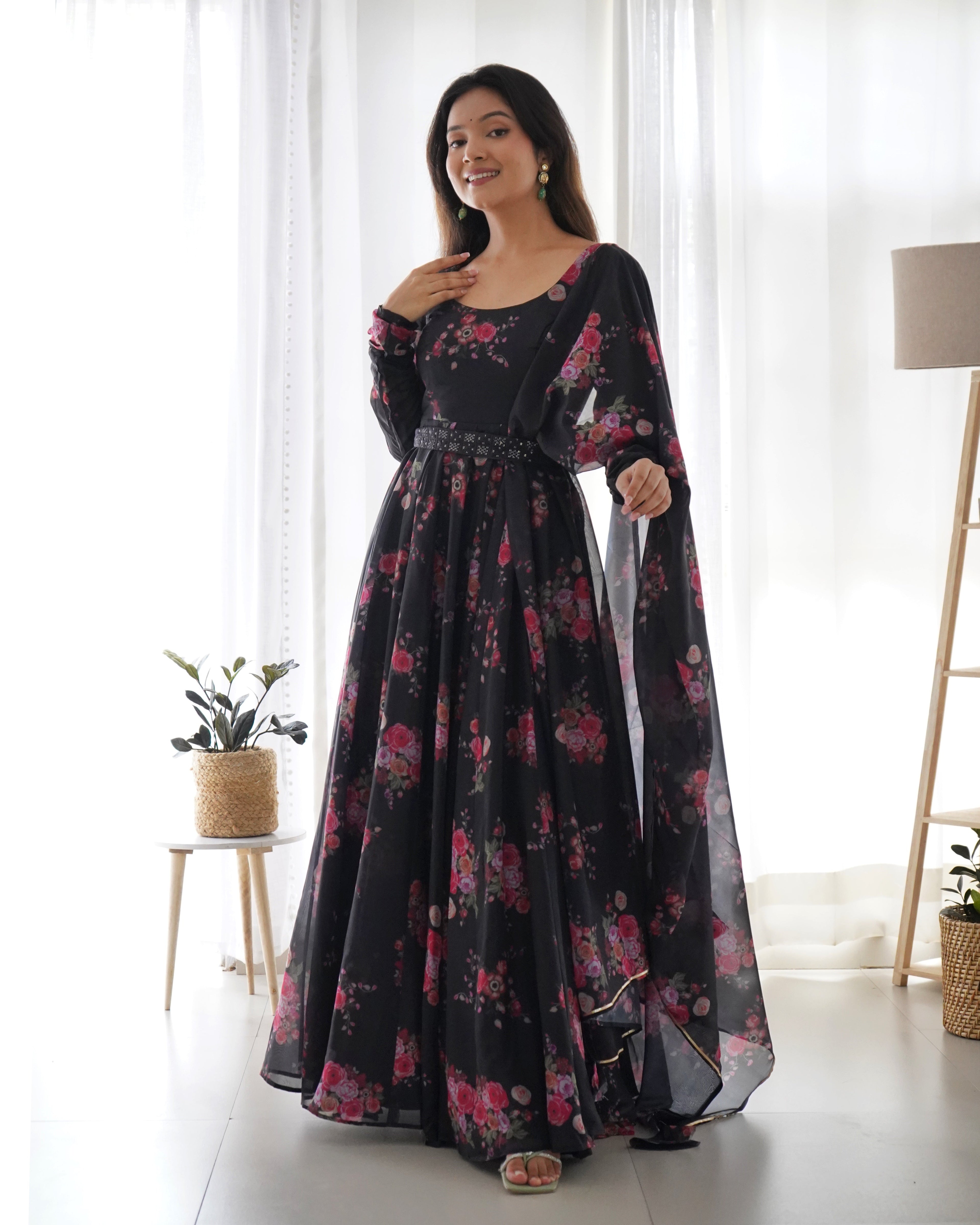 Black Organza Printed Anarkali Kurti With Pant & Dupatta Set