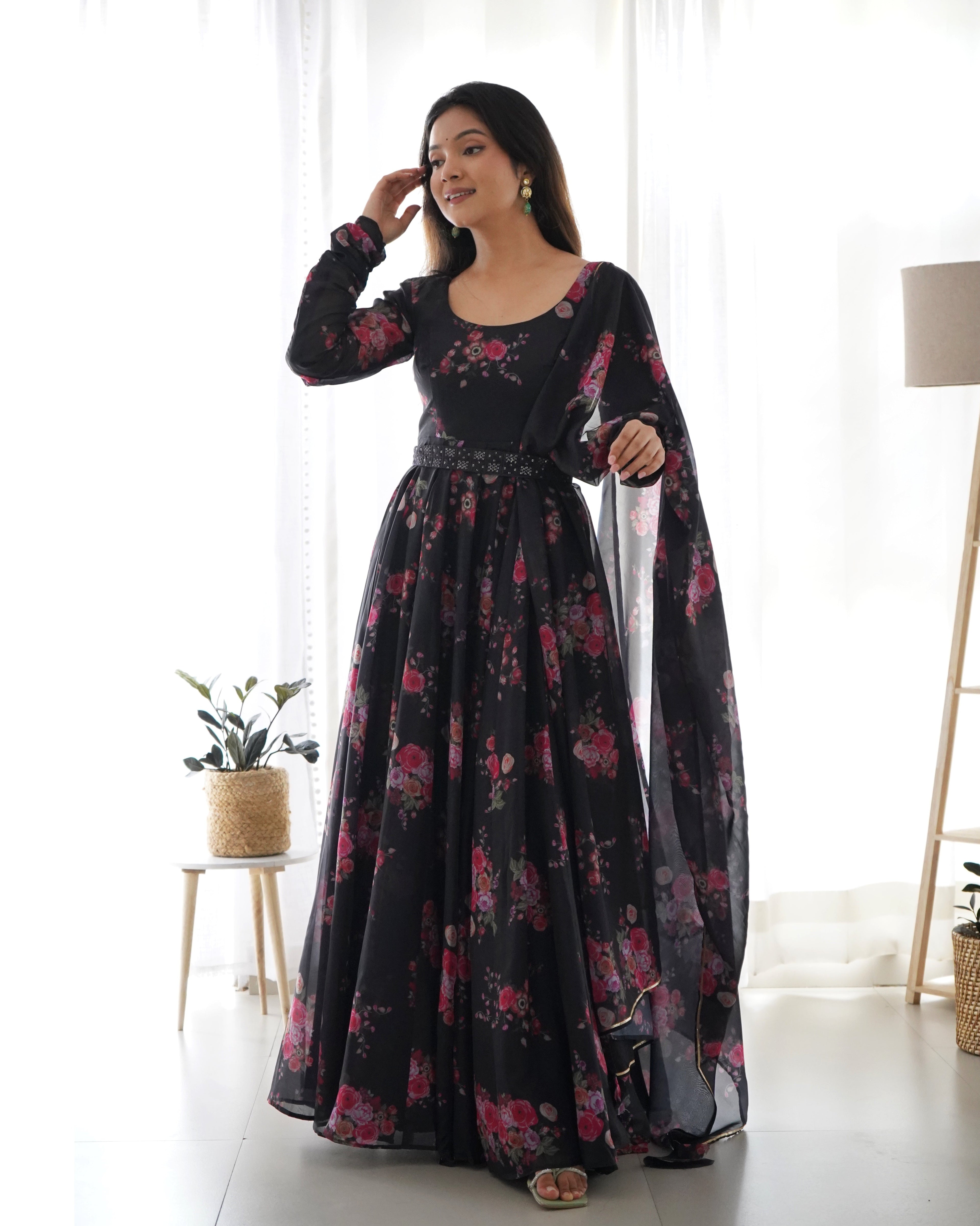 Black Organza Printed Anarkali Kurti With Pant & Dupatta Set