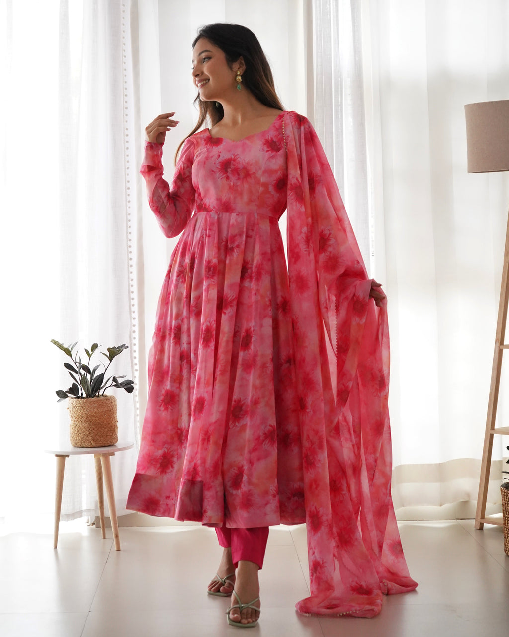 Pink Lining Printed Anarkali Kurti With Pant & Dupatta Set
