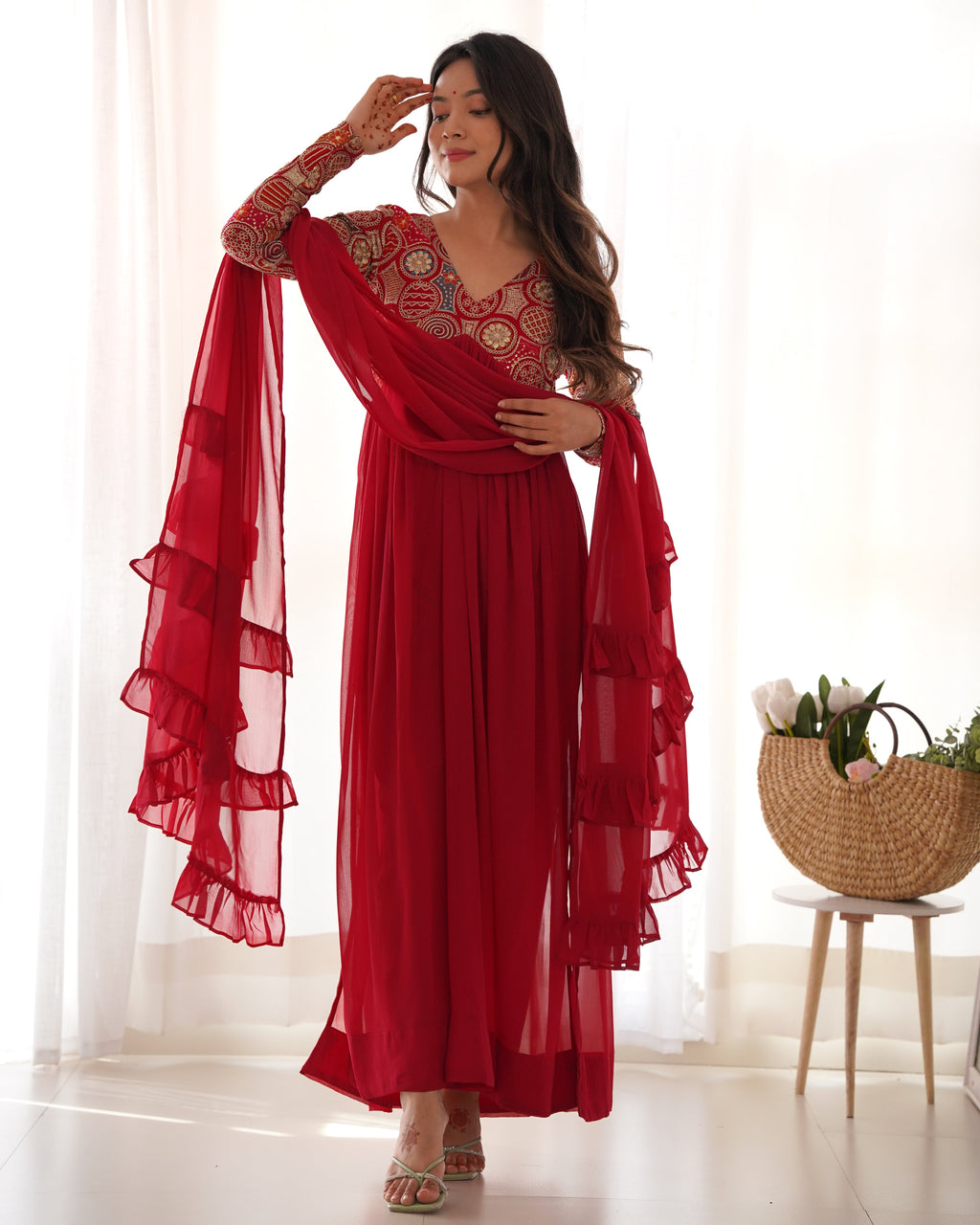 Red Designer Anarkali Gown With Pant & Dupatta Set