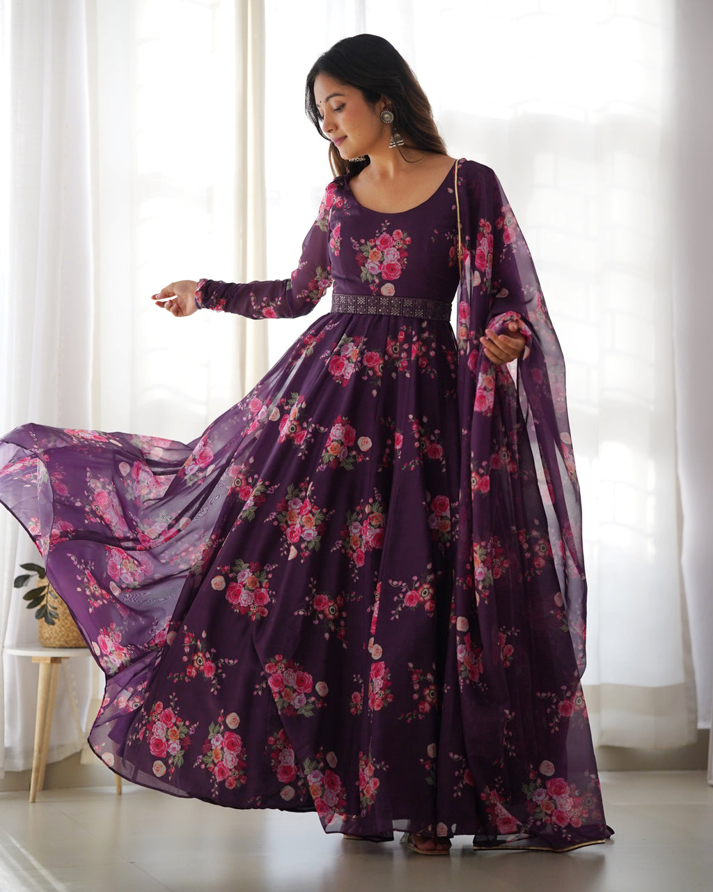 Wine Organza Printed Anarkali Kurti With Pant & Dupatta Set